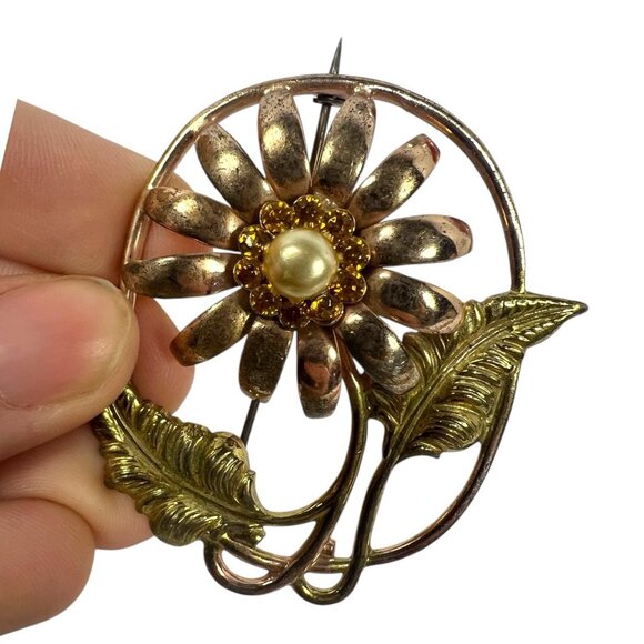 Vintage Sterling Silver Floral Brooch Pearl Center Amber Stones Art Nouveau - Picture 4 of 6